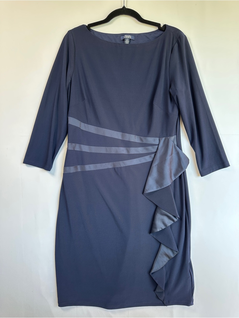 Chaps Navy Blue Ruffle Detail Sheath Dress
